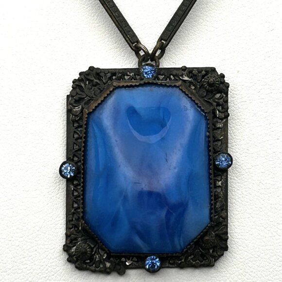 Vintage 1920s Czech Art Deco Blue Glass Necklace Filigree Bar Link Chain 18” - Picture 13 of 16